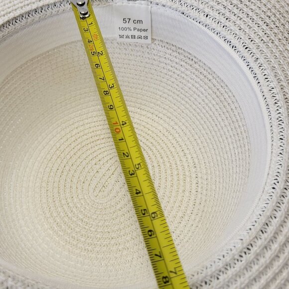 WHITE Paper Straw Hat Blue Trim Floral Embellish Wide Brim Sun Beach Hat - Picture 11 of 13